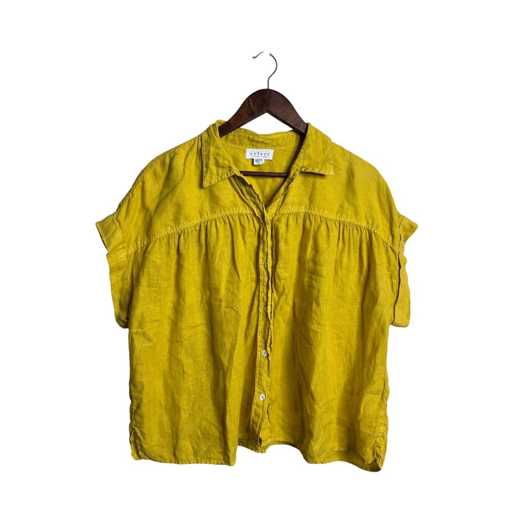 Velvet by Graham & Spencer 100% Linen Blouse M Chartreuse Yellow Gathered